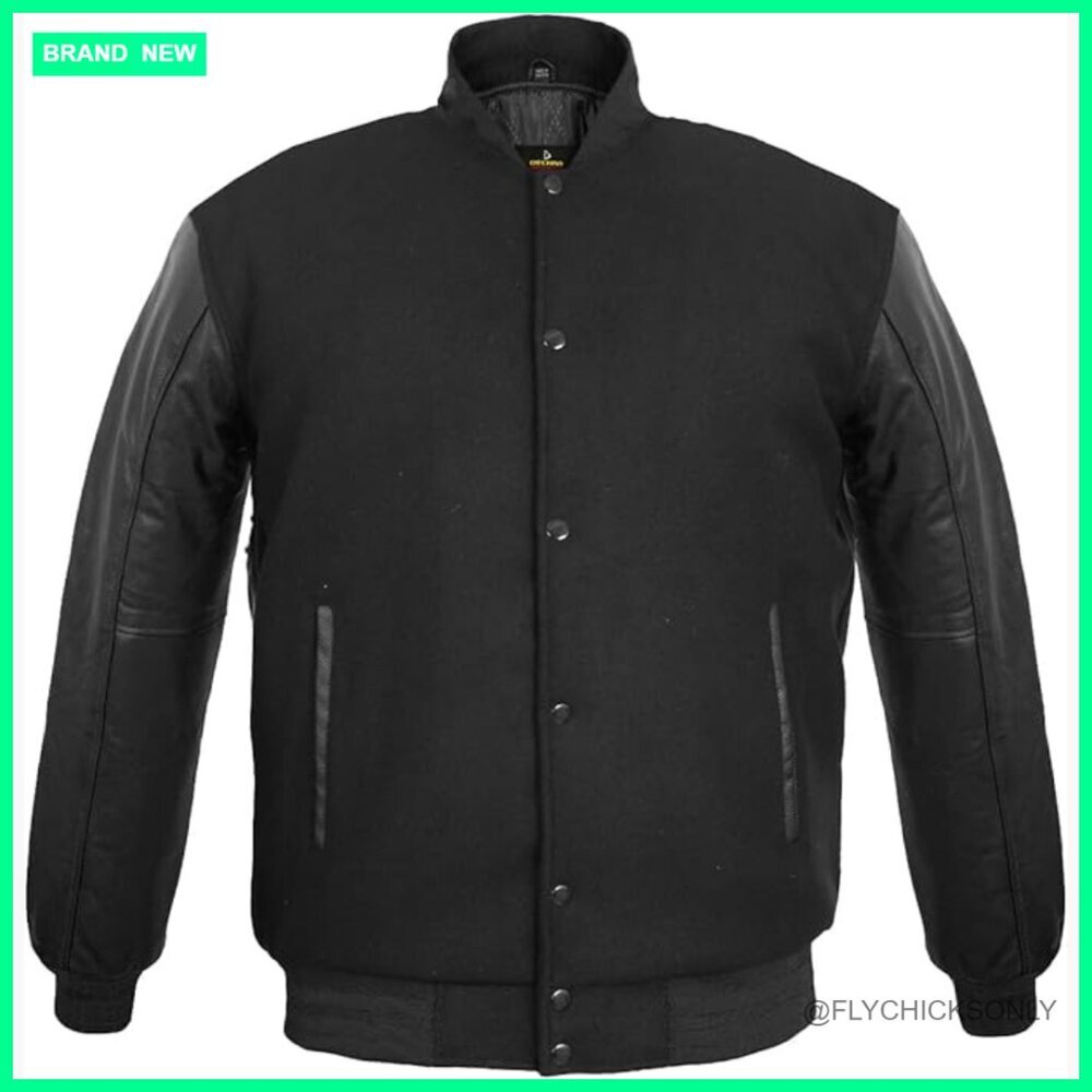 Genuine Leather Sleeve Wool Blend Varsity Jacket Letterman Style